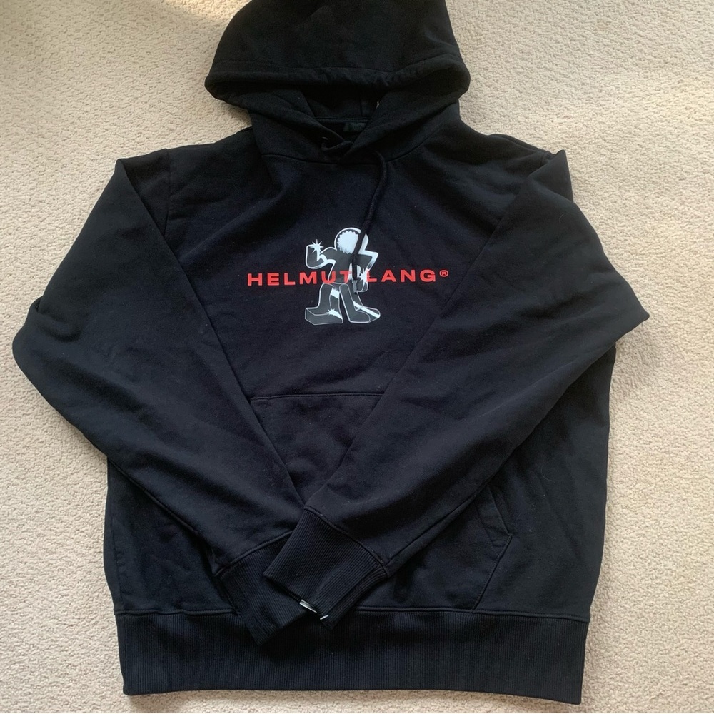 Size S The Helmut Lang Figure Hoodie with graphic figure print and logo detail.